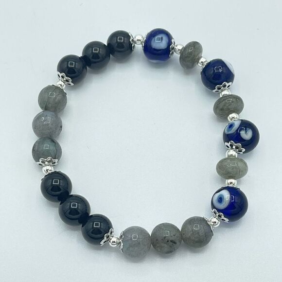 Crystal beaded stretch bracelet ONE NEW evil eye silver obsidian labradorite rei - Picture 5 of 12